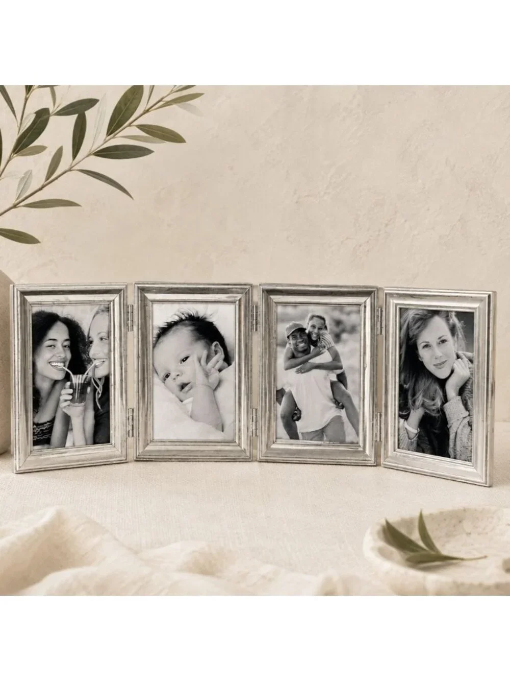 Silverplate Folding 4 Photo Frame 4x6 Pictures VTG Quadruple Family Display